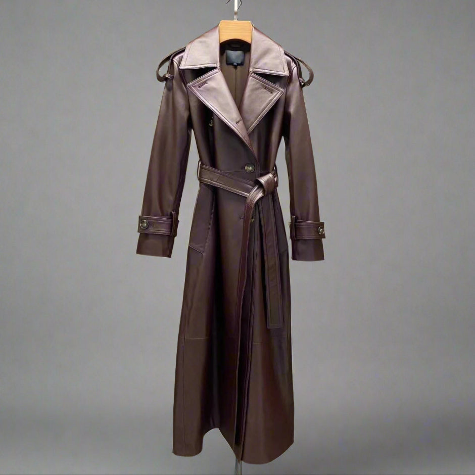 long brown leather trench coat womens