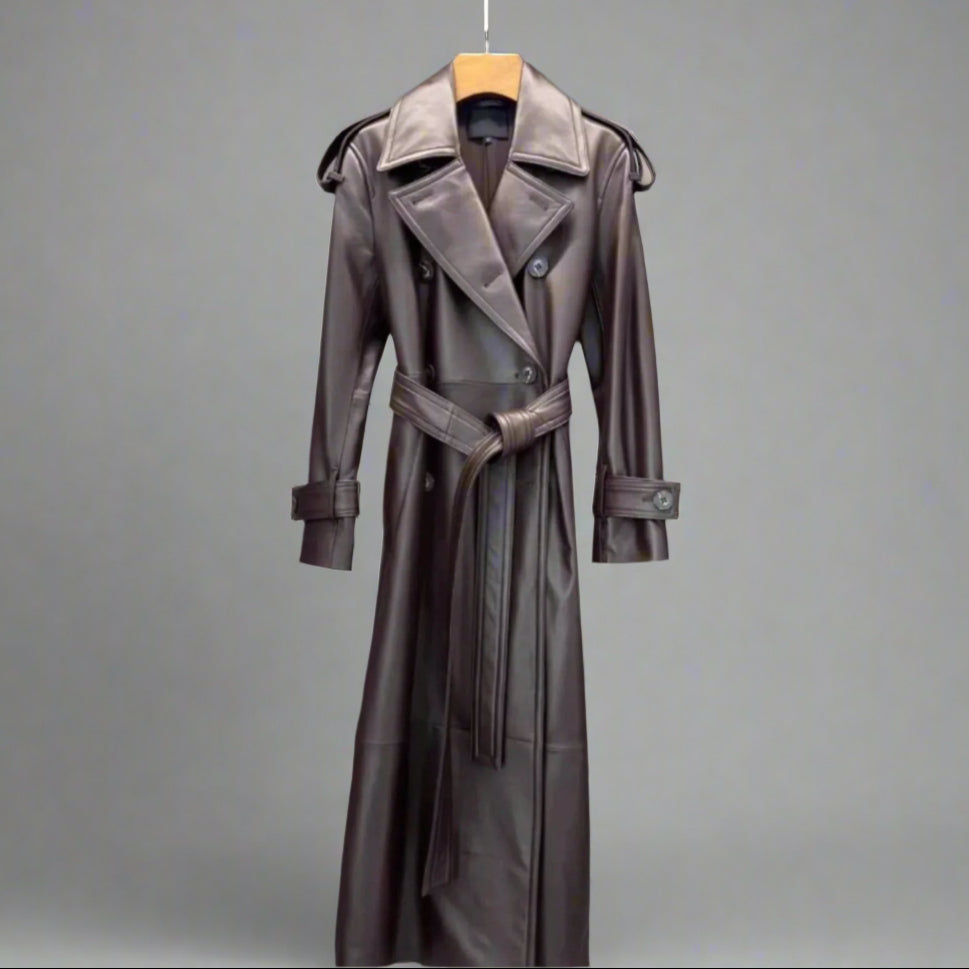 brown leather trench coat womens