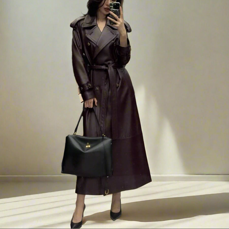 long leather trench coat burgundy