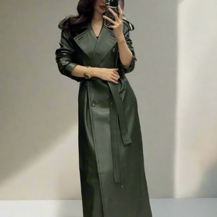 long leather trench coat green