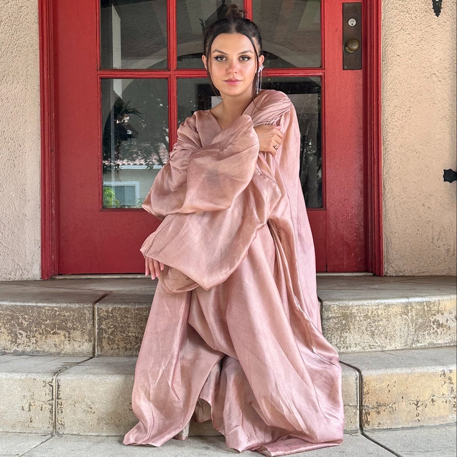 Peach silk maxi dress — detail