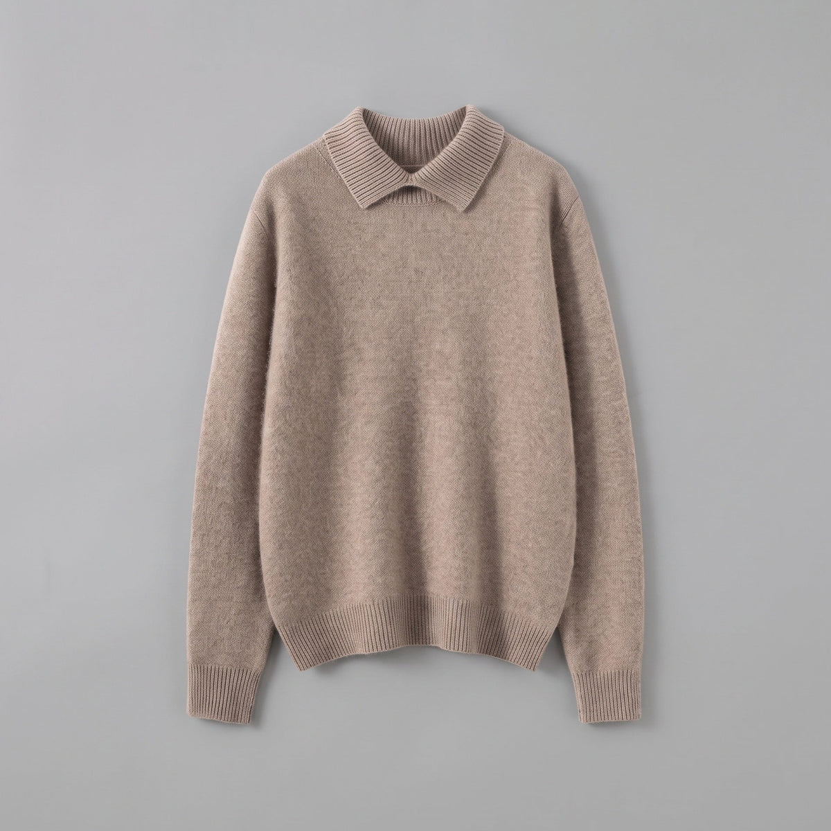 taupe brown cashmere polo sweater, flat lay