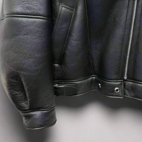 Oversized Plush Shearling Leather Bomber Jacket