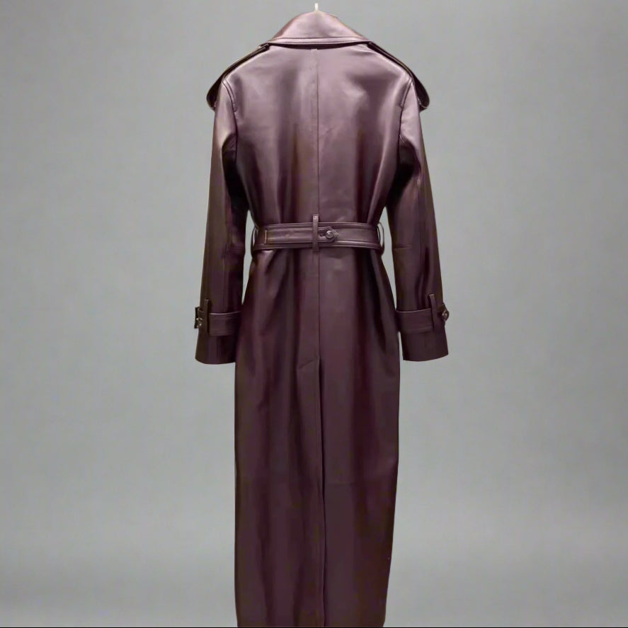 red leather trench coat