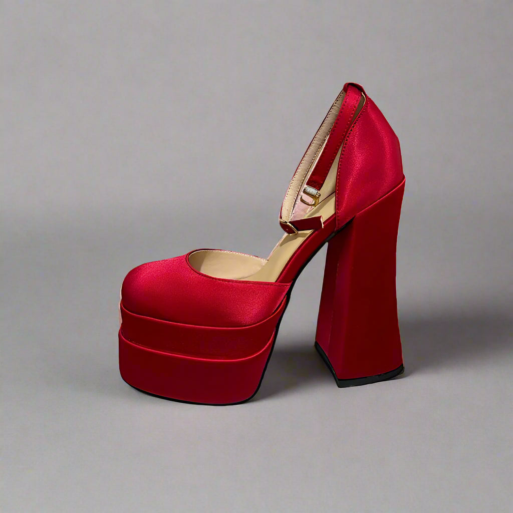 red satin platform heels