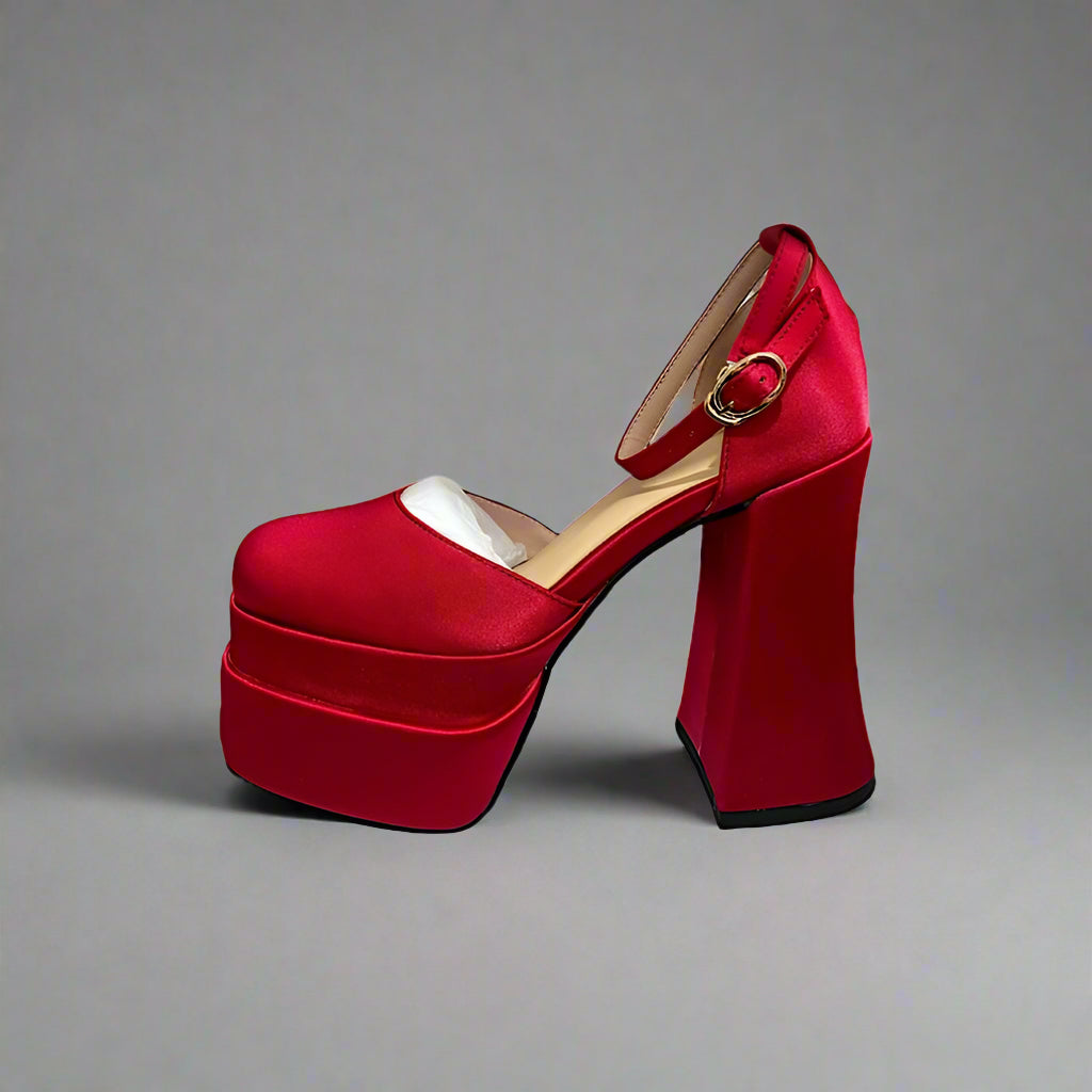 red satin platform heels