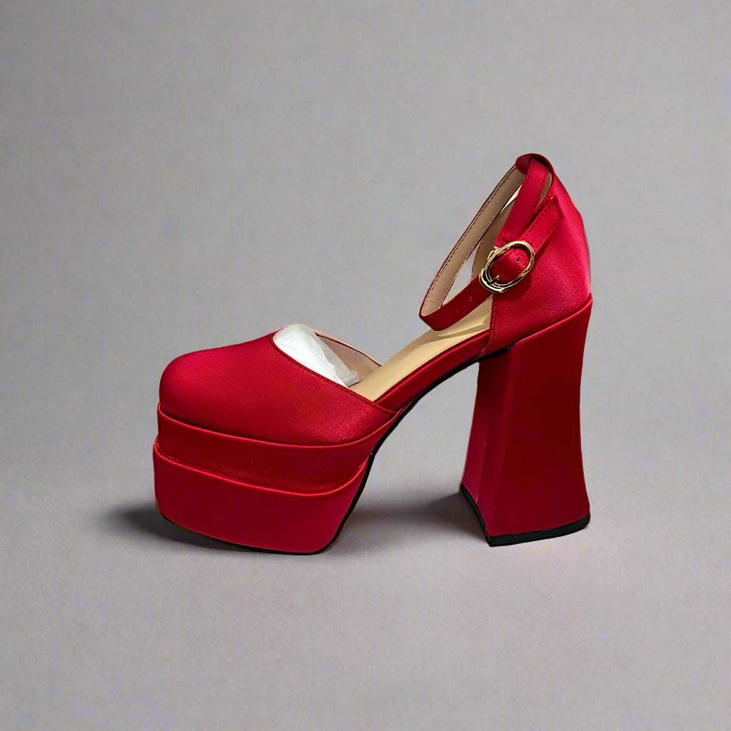 red satin platform heels