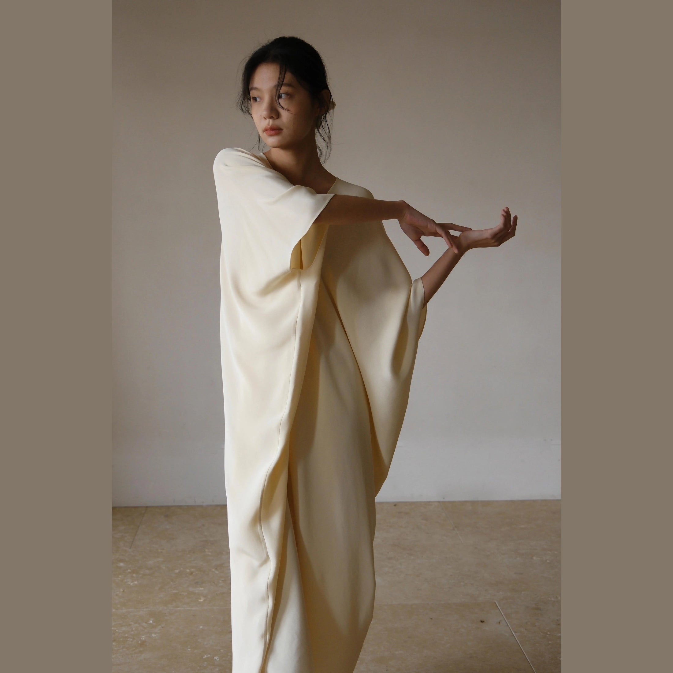 Cream Sand-Washed Mulberry Silk Caftan Dress
