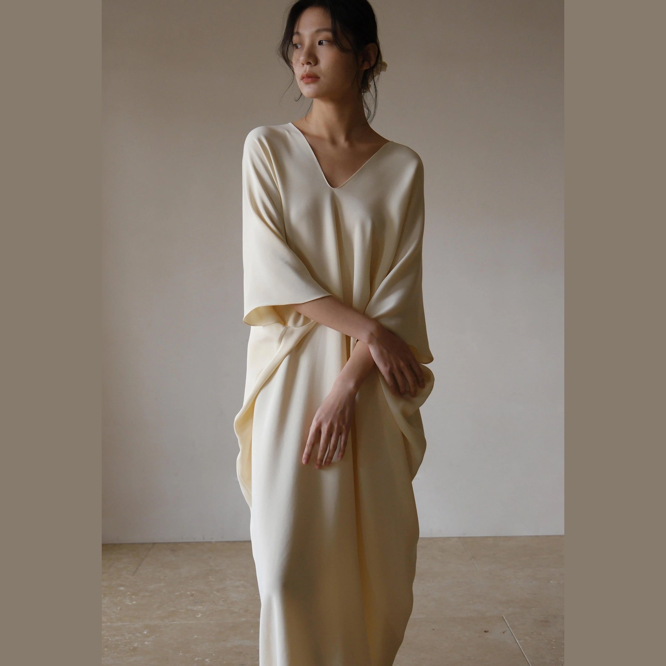 Cream Sand-Washed Mulberry Silk Caftan Dress