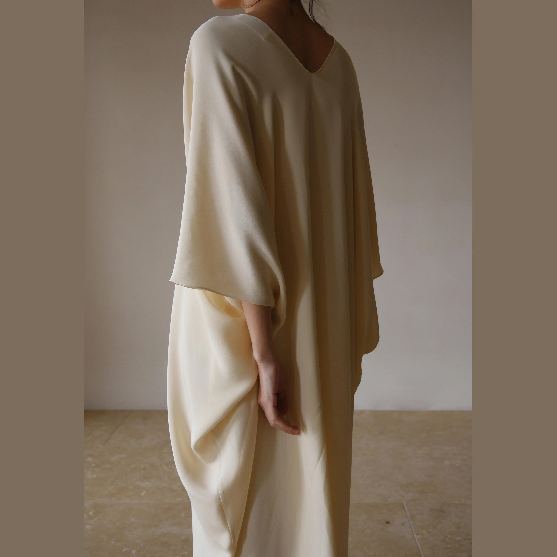Cream Sand-Washed Mulberry Silk Caftan Dress