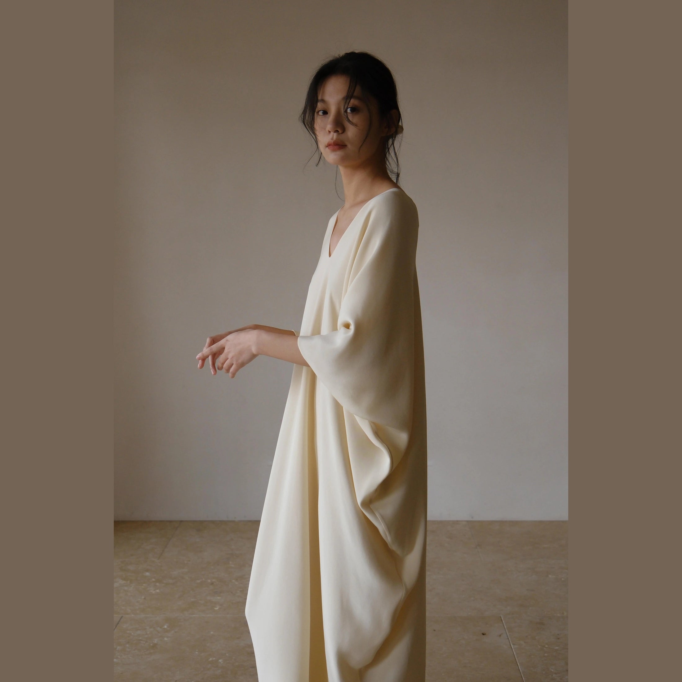 Cream Sand-Washed Mulberry Silk Caftan Dress
