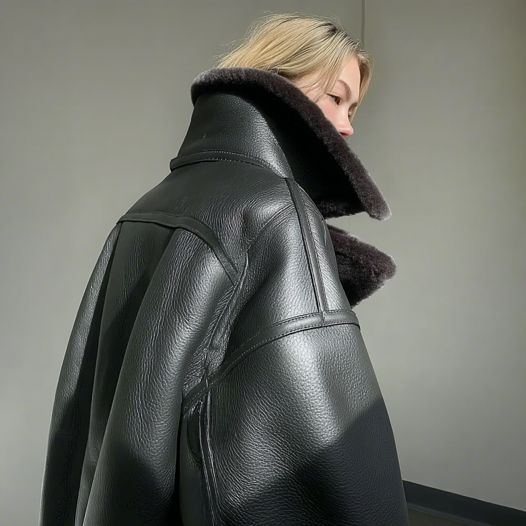 Oversized Plush Shearling Leather Bomber Jacket