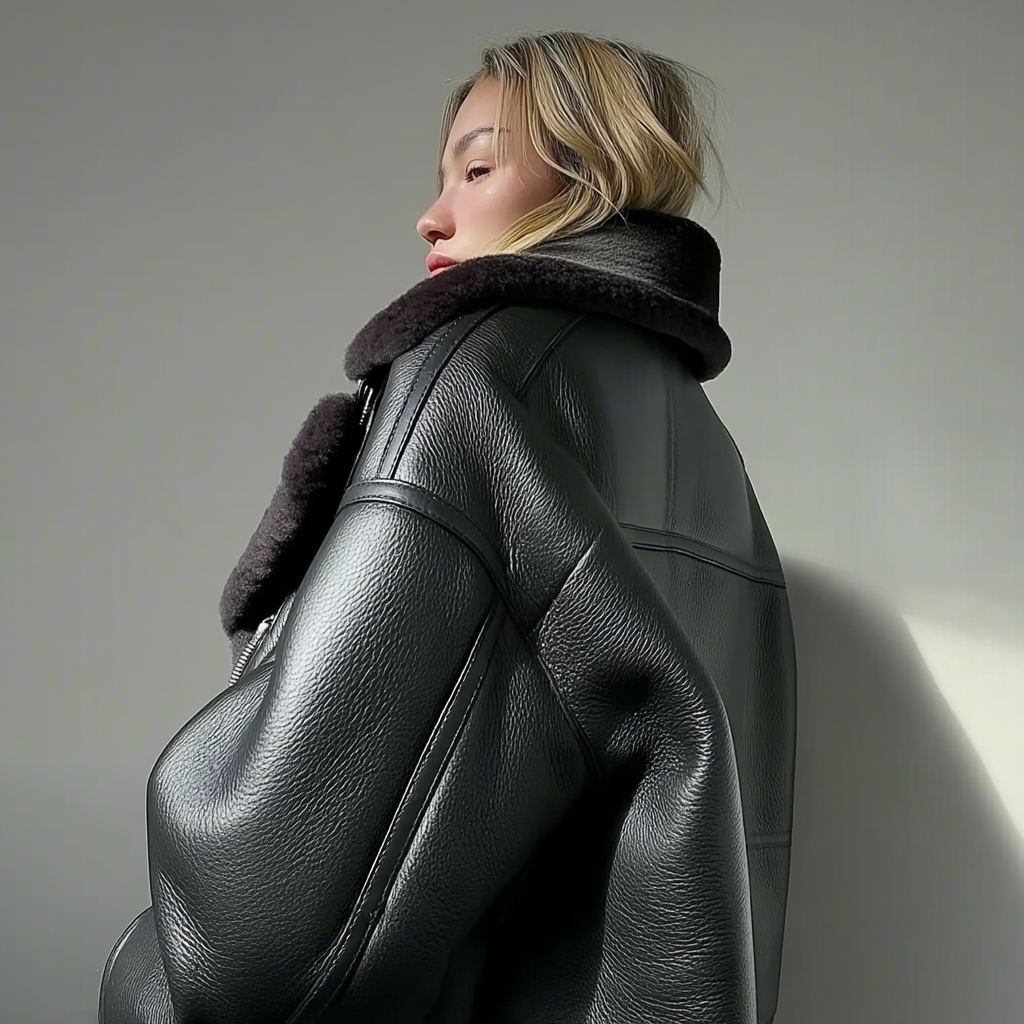 Oversized Plush Shearling Leather Bomber Jacket