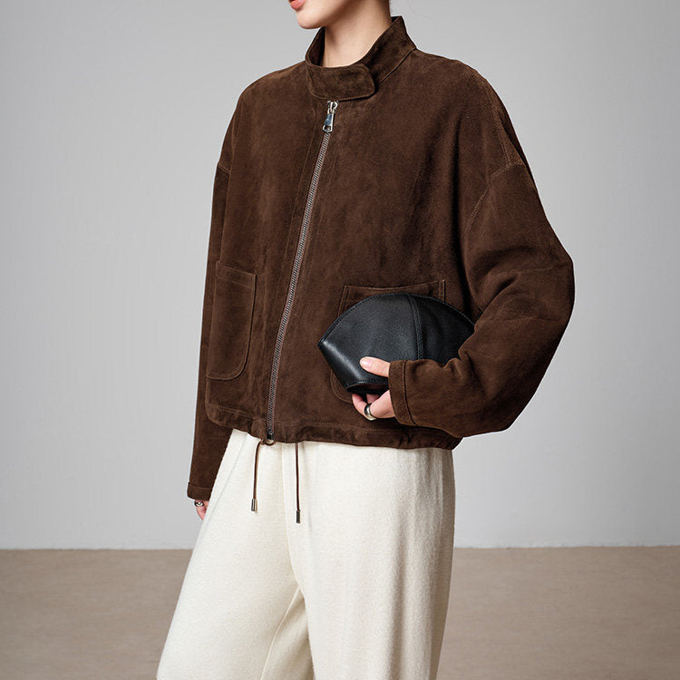 Brown sheepskin suede funnel-neck jacket, front view