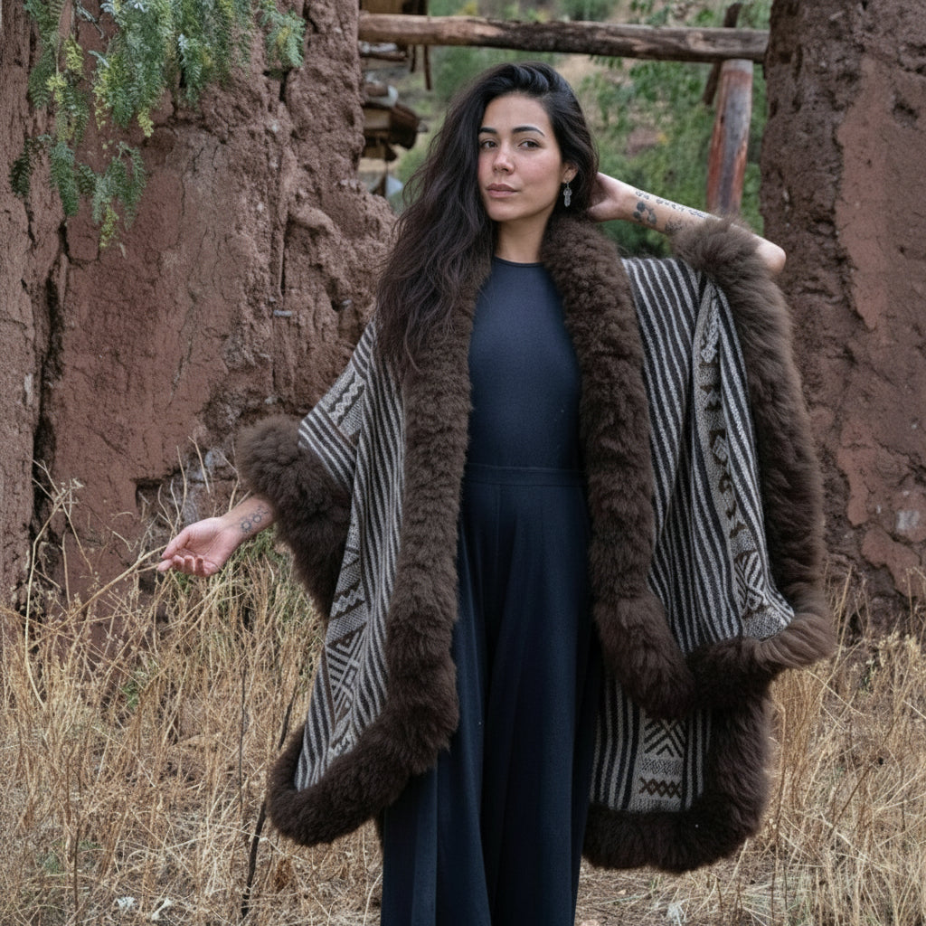 Beautiful heritage fashion, striped baby alpaca wool cape poncho showcasing high quality fashion