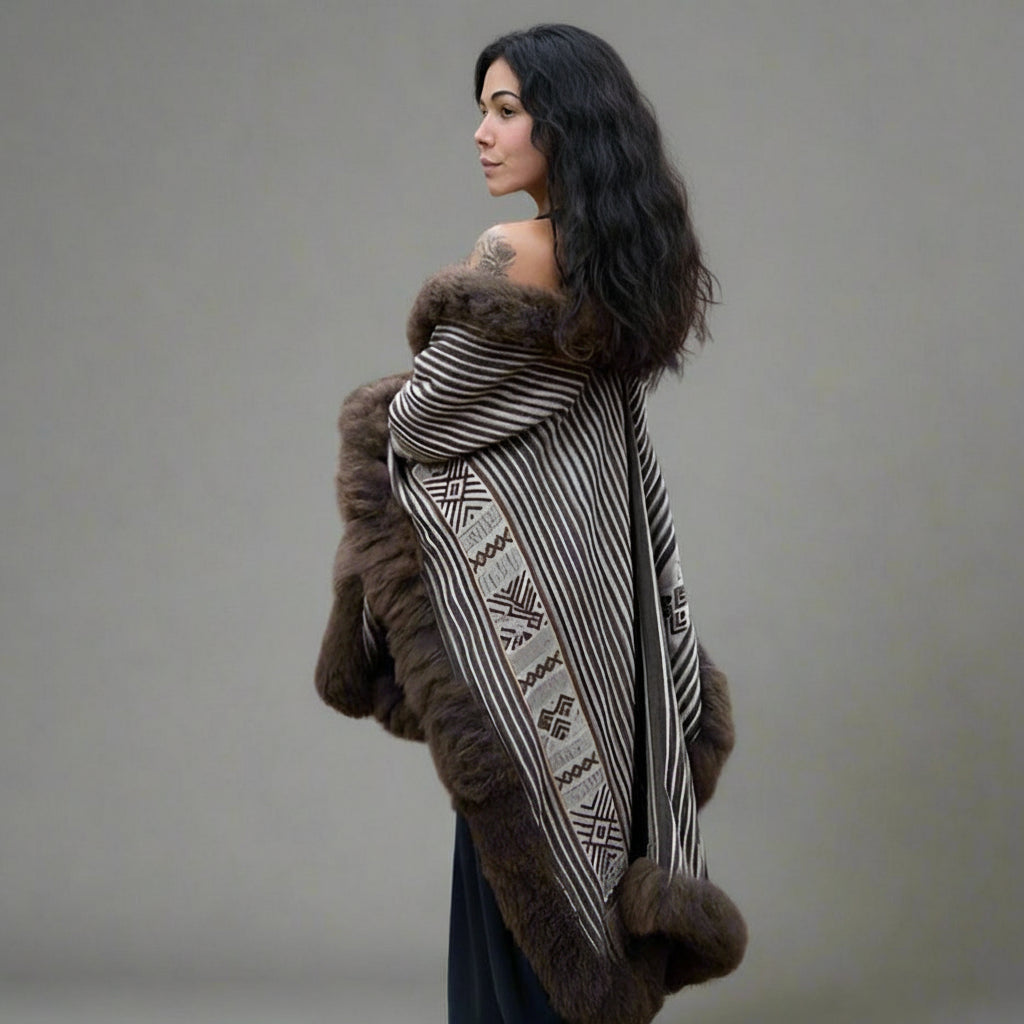 Side view of heritage fashion baby alpaca wool cape featuring fairly paid traditional artisans