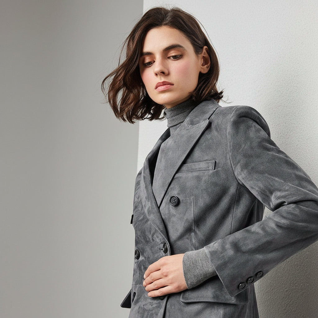 Smoke Turkish Suede Sheepskin Blazer & Pencil Skirt