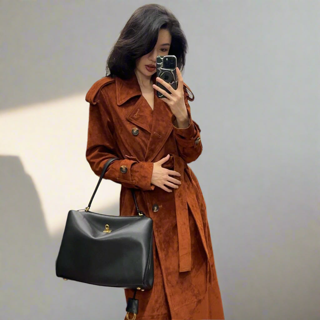 suede trench on model