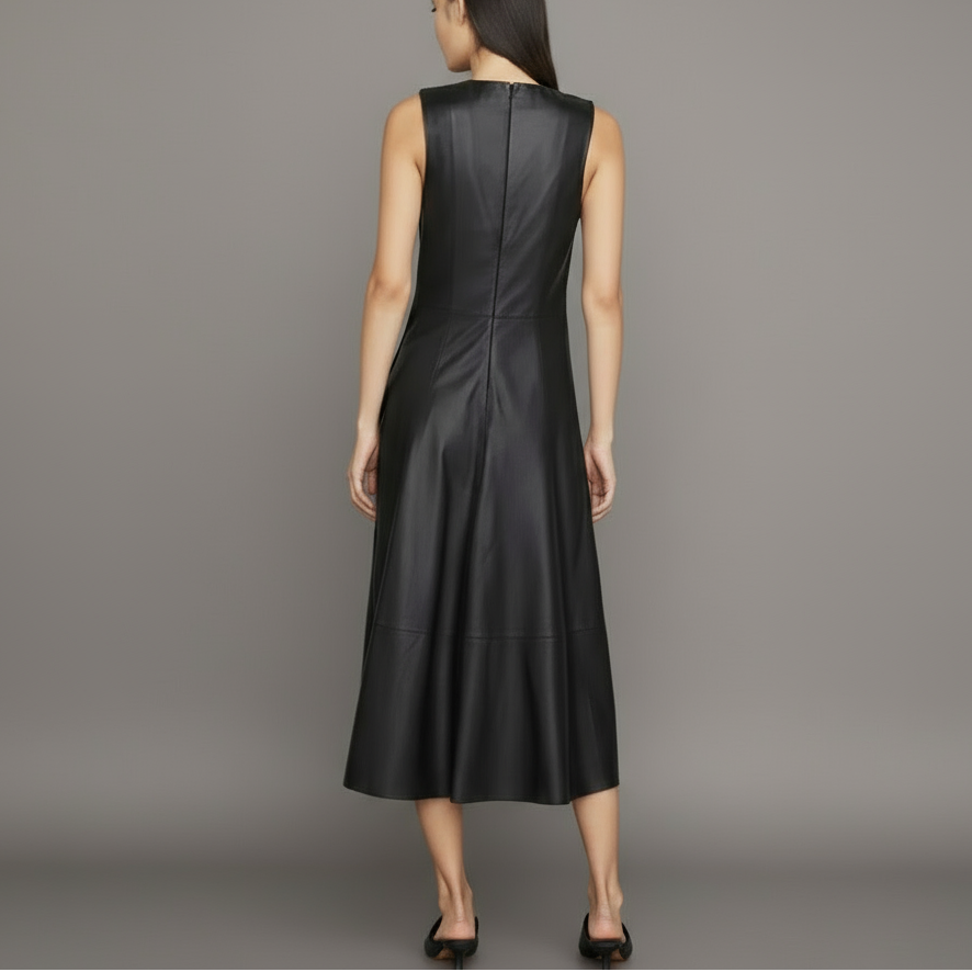 Jet Napa Leather Sleeveless Midi Dress