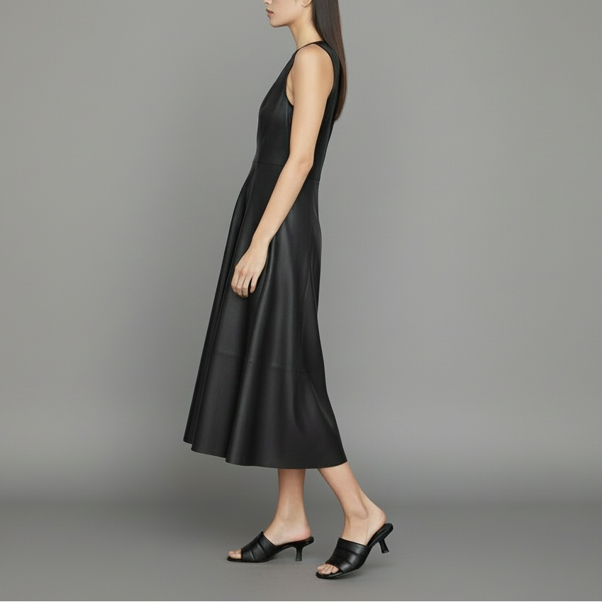 Jet Napa Leather Sleeveless Midi Dress