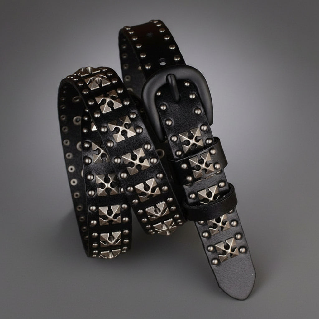 Jet Hand-Finished Studded Leather Belt