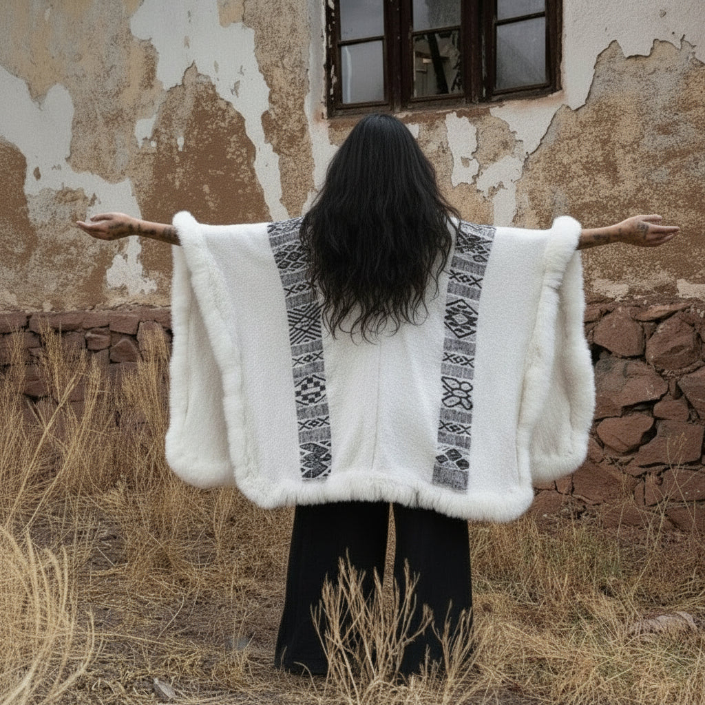 Beautiful white baby alpaca wool cape over high quality basics, heritage fashion style