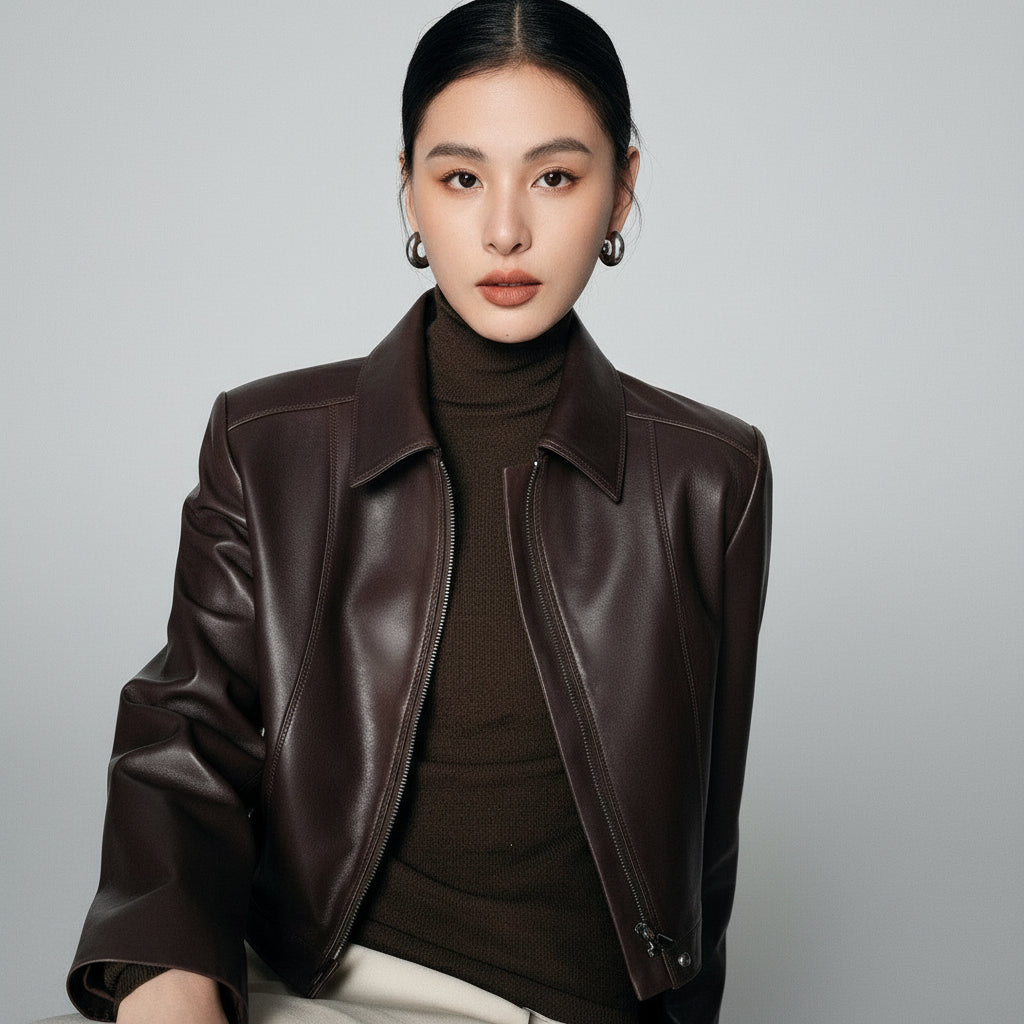 womens brown leather moto jacket