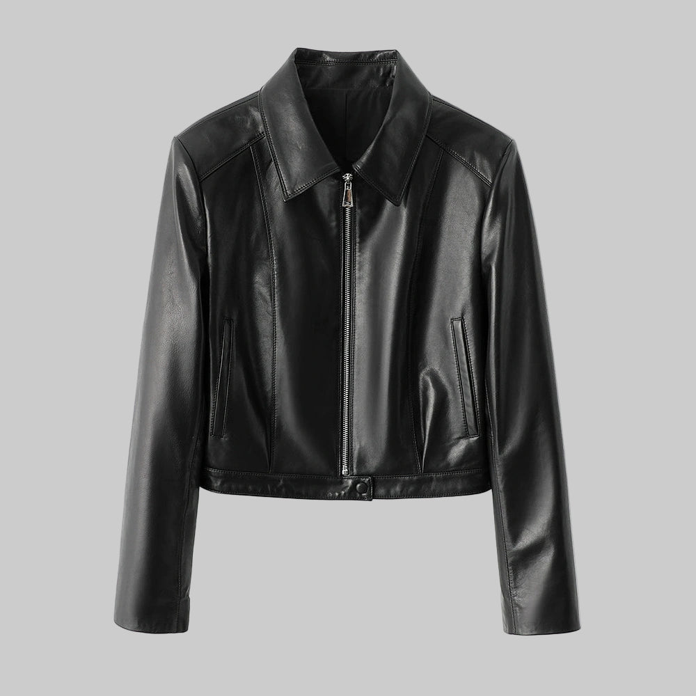 womens leather moto jacket in black sheepskin