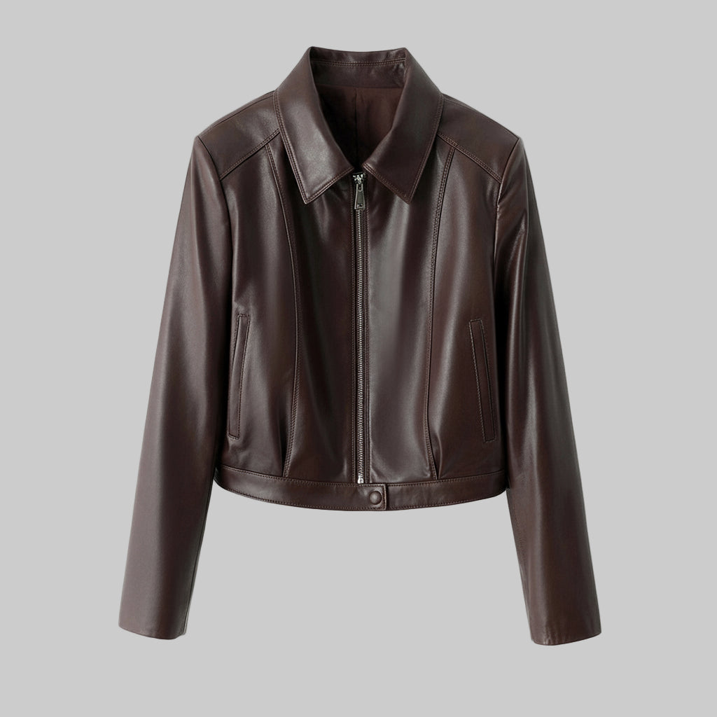 womens leather moto jacket in brown sheepskin