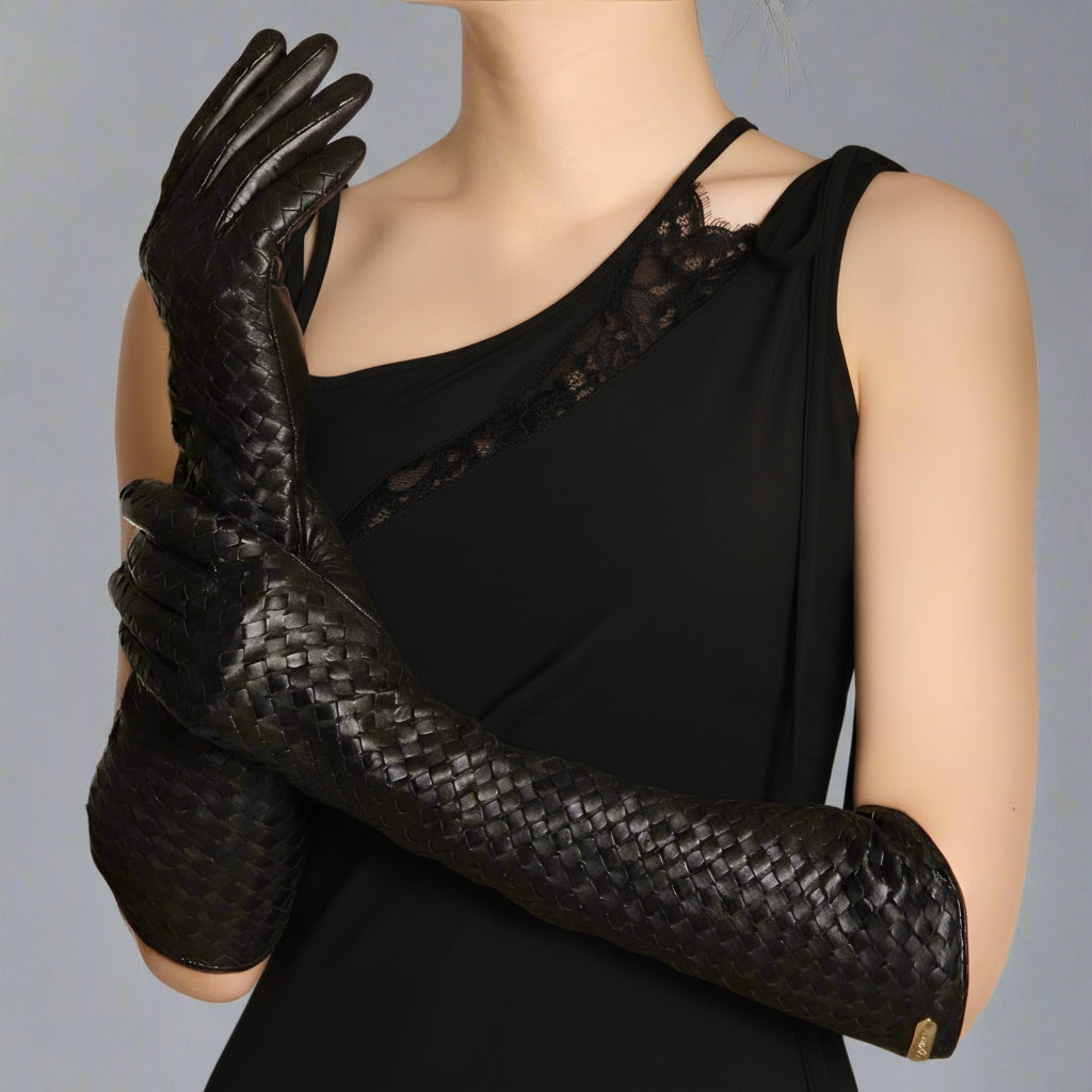 Woven Sheepskin Leather Gloves in black, front view showcasing texture and silhouette.