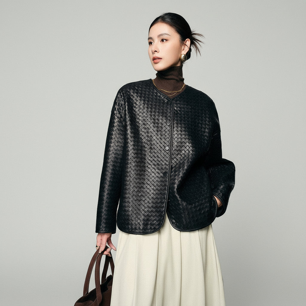 Handwoven black lambskin jacket with cuffed sleeves