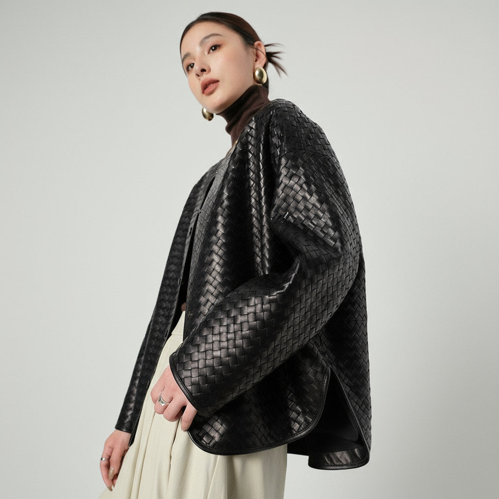 Woven leather jacket, oversized round-neck silhouette
