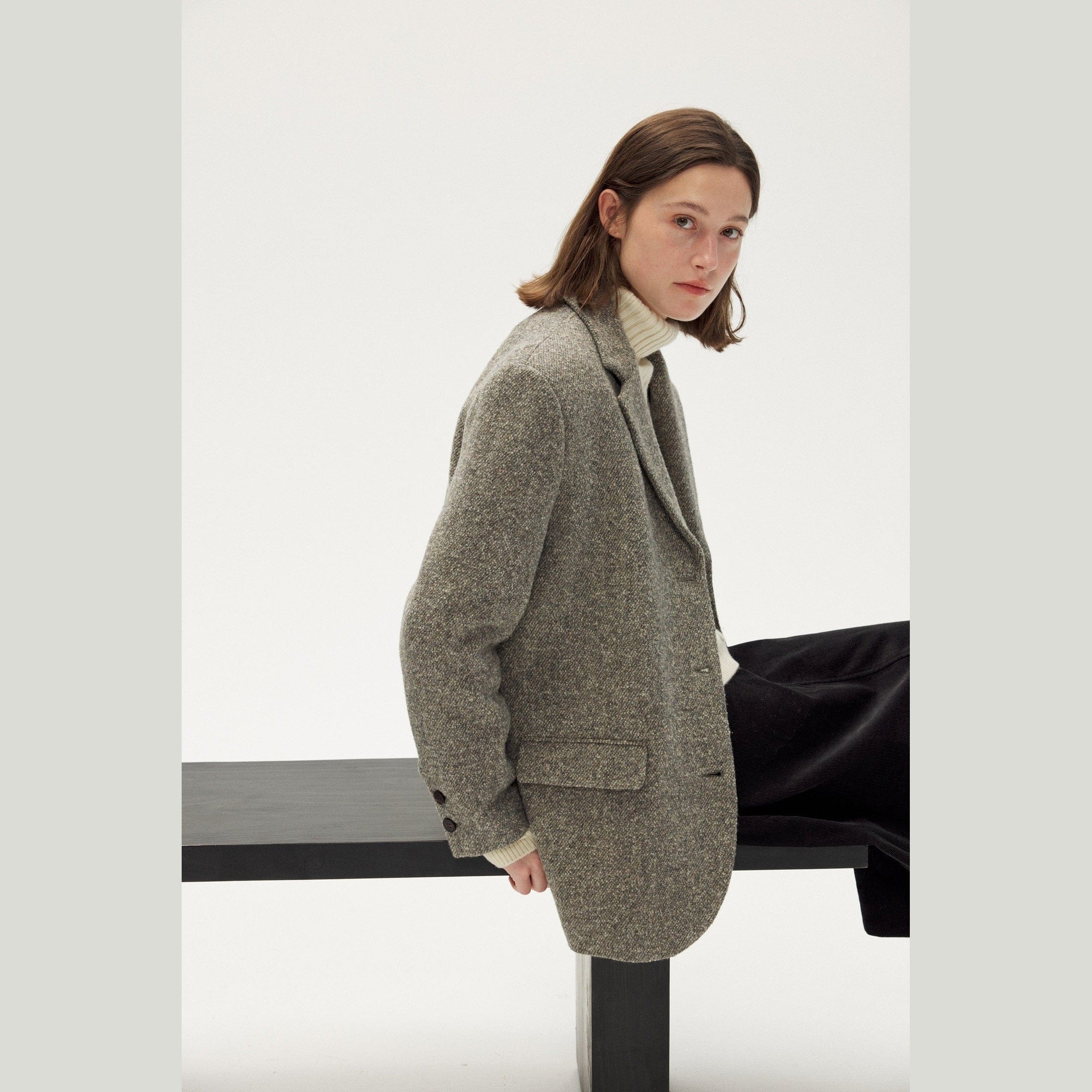 Imported Grey Wool Tweed Jacket - Relaxed Silhouette, Soft Tailoring