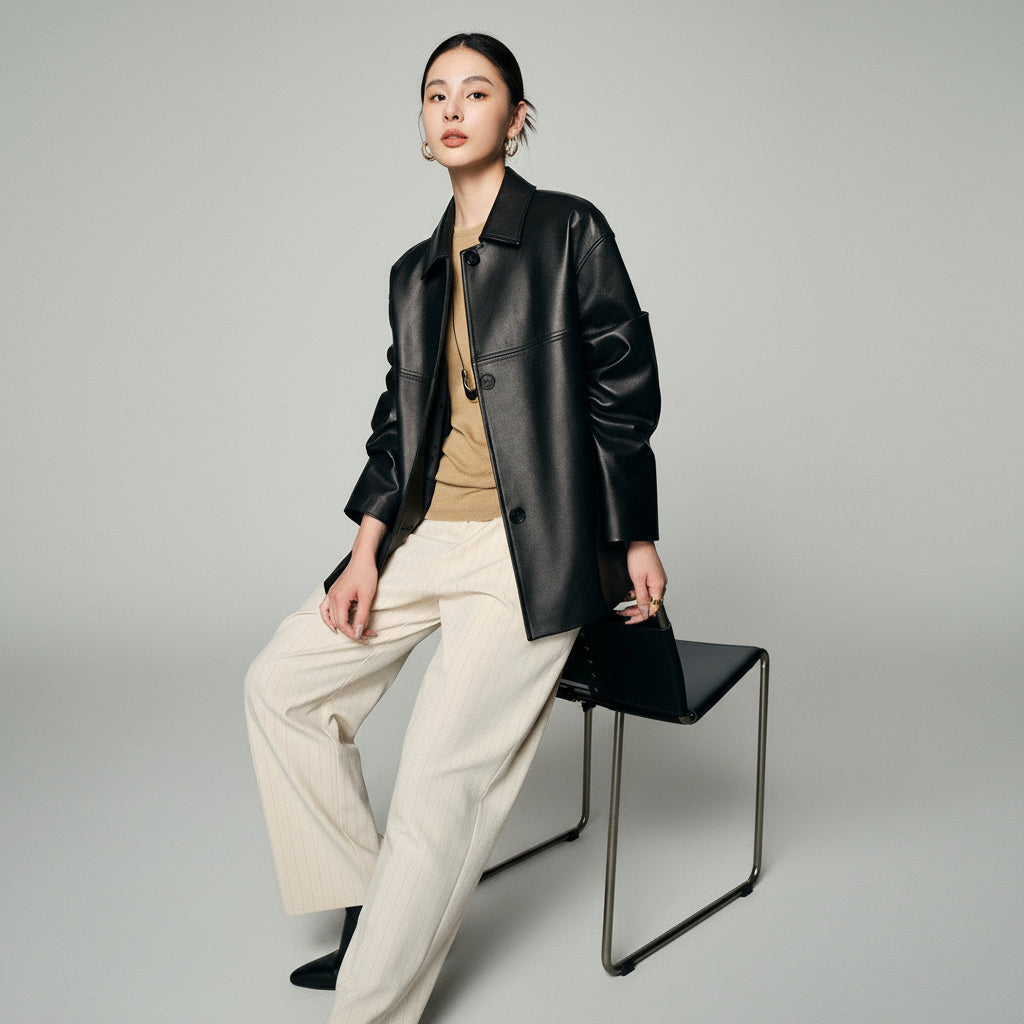 Short Sheepskin Leather Trench Coat