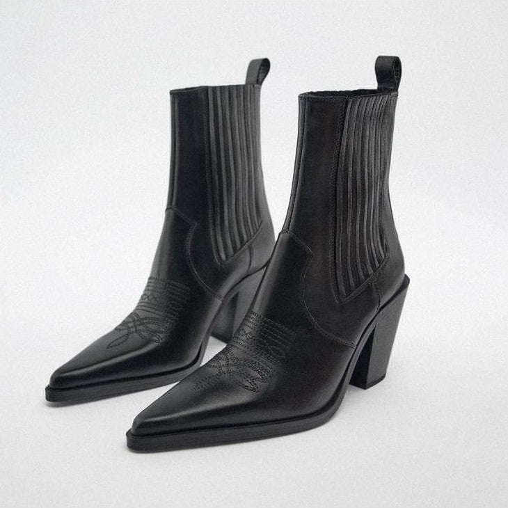 The Black Leather Cowboy Block Heels