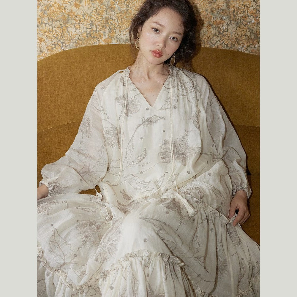 Hibiscus Embroidered Ramie Dress – Pure Natural Fiber, Limited Edition