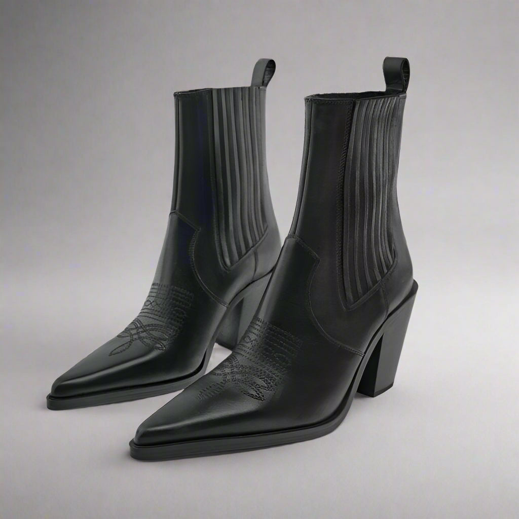 The Black Leather Cowboy Block Heels