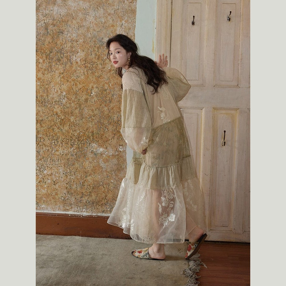 Wonderland Embroidered Crane Dress – Layered Ramie, Silk & Vintage Mesh