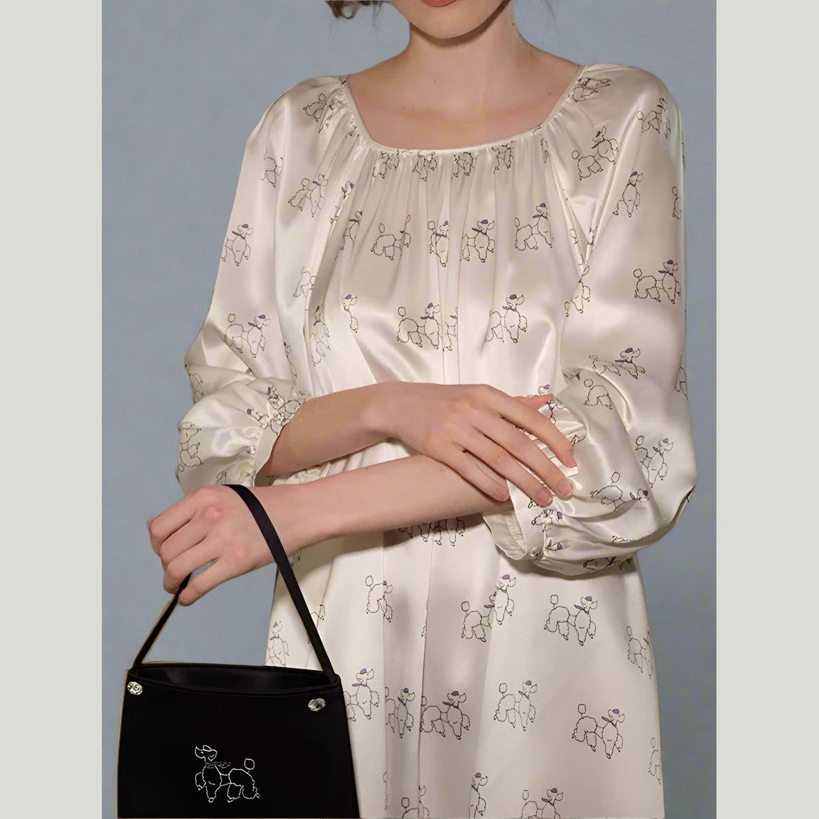 Puppy Dreams – Diamond Poodles Print Silk Puff Sleeve Dress
