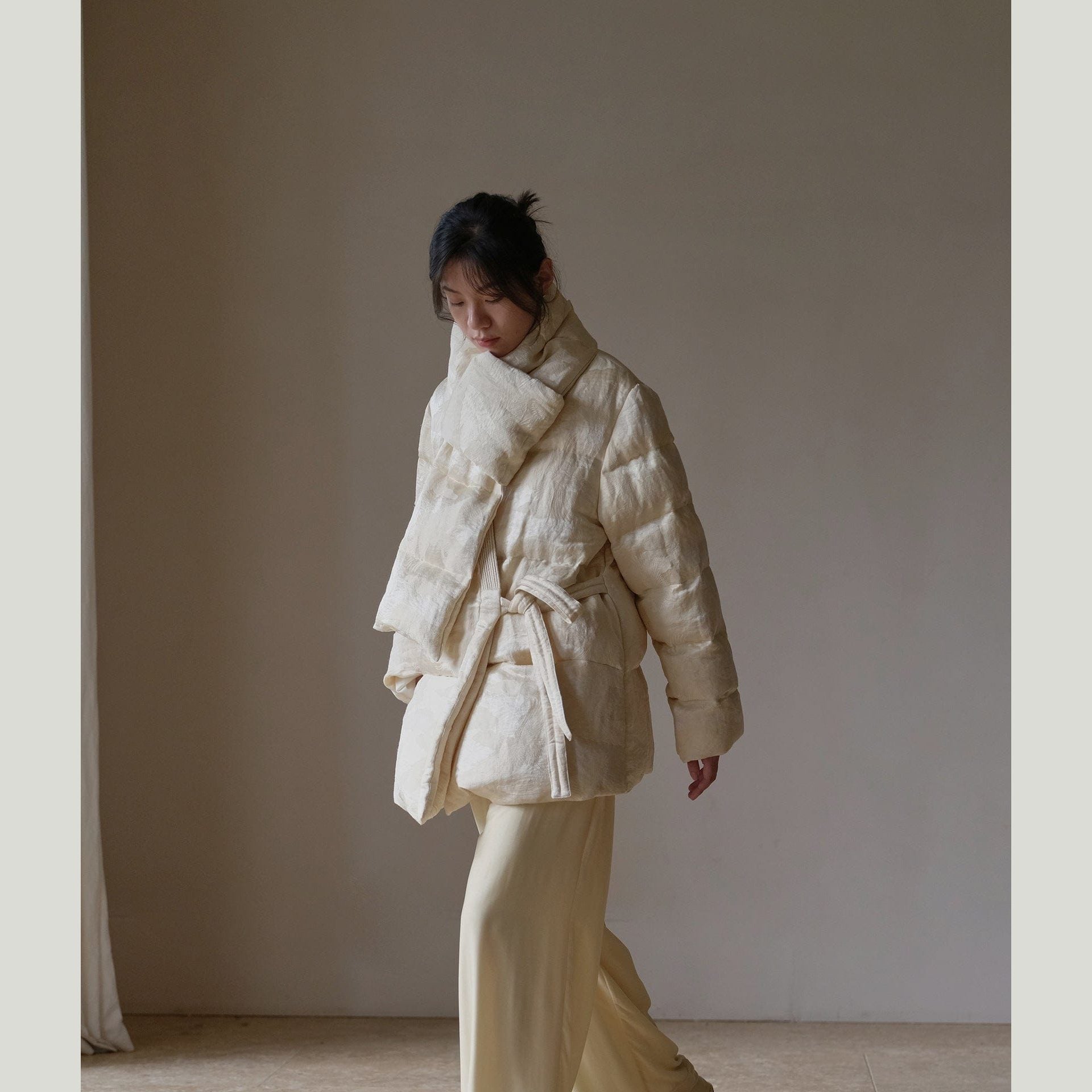 Satin Jacquard Down Jacket & Scarf – Sculptural Warmth, Limited Edition