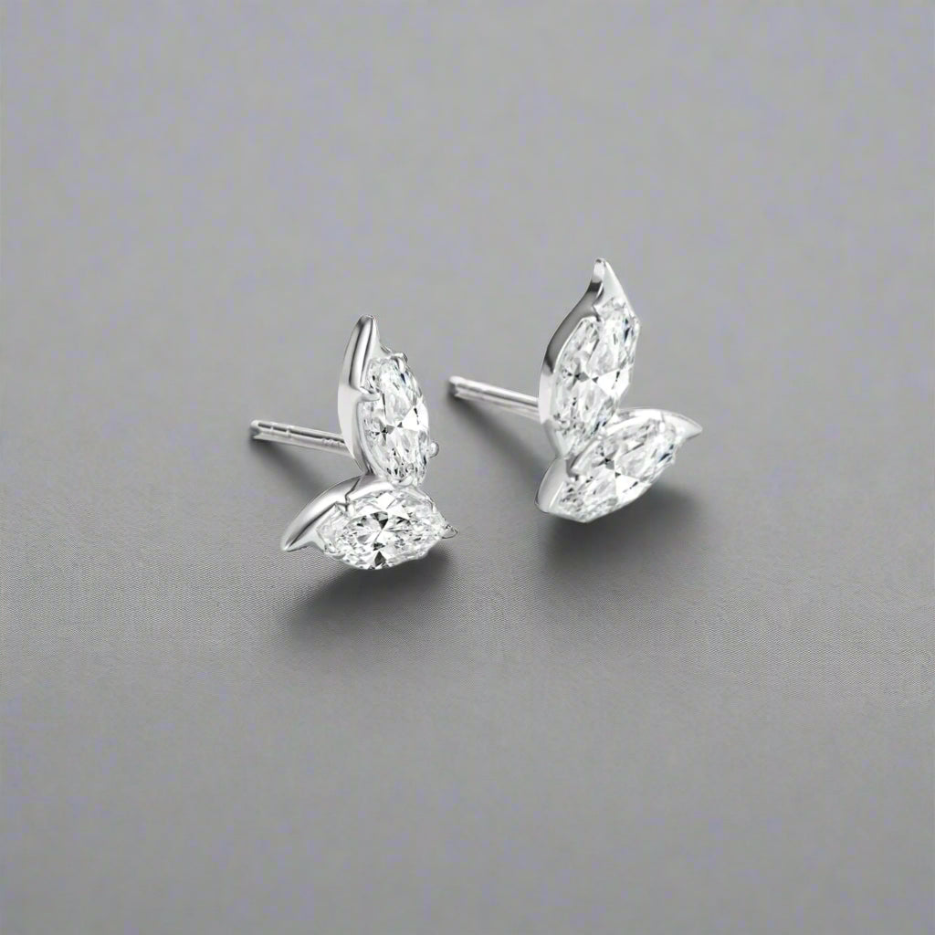 Double Leaf Marquise CZ & Sterling Silver Earrings