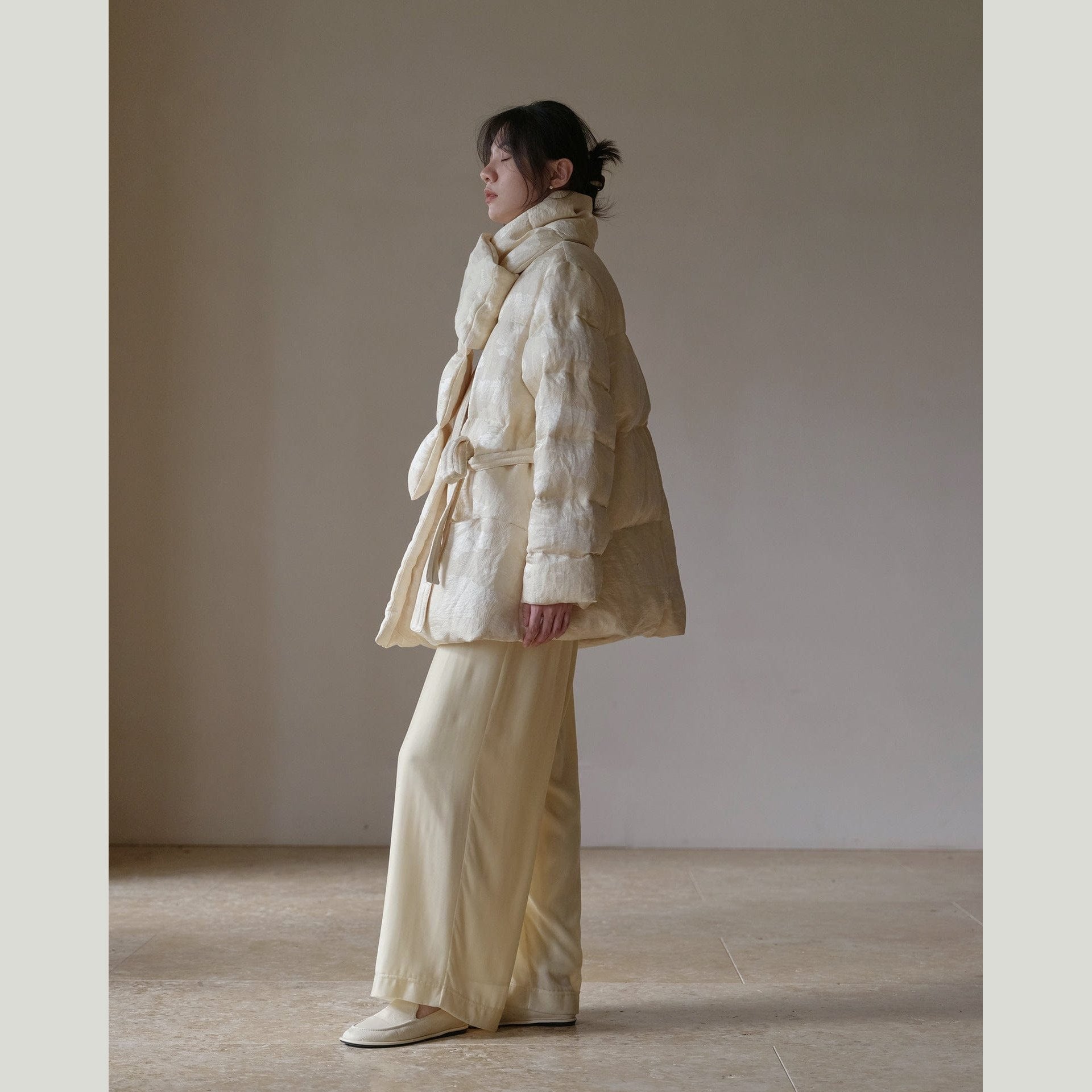 Satin Jacquard Down Jacket & Scarf – Sculptural Warmth, Limited Edition