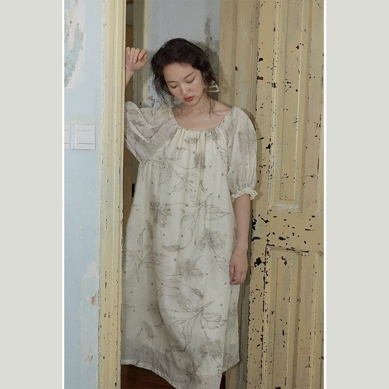 Hibiscus Embroidered Ramie Dress – Pure Natural Fiber, Limited Edition