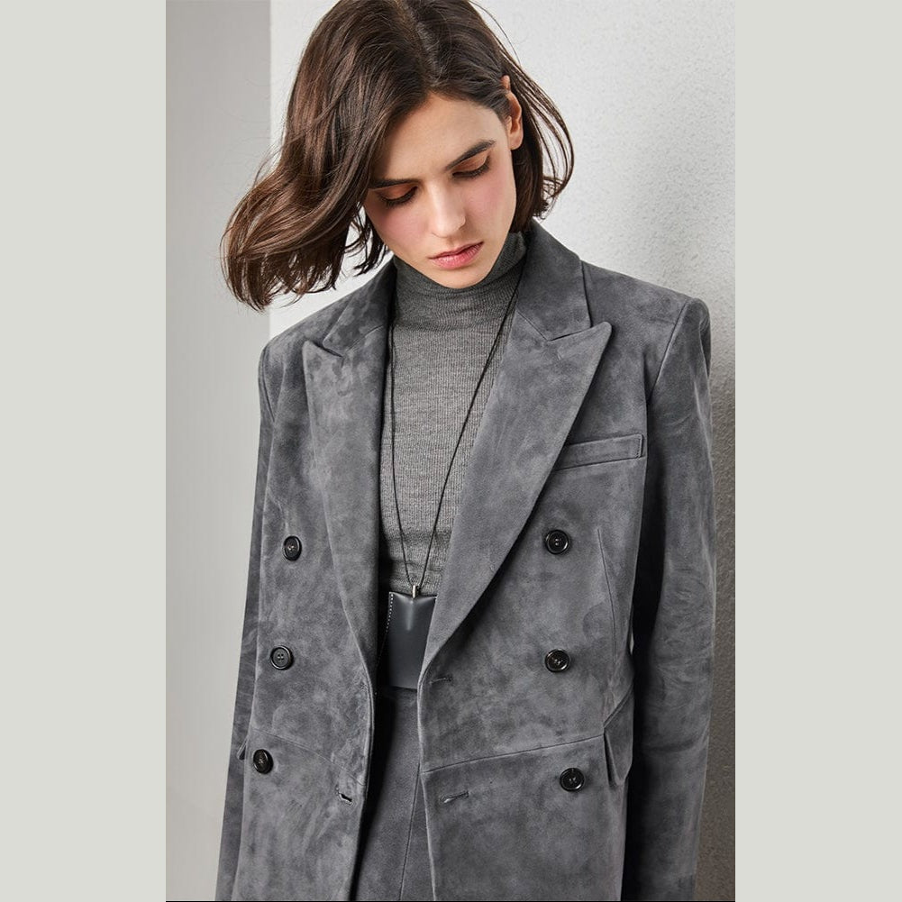 Turkish Suede Sheepskin Blazer & Pencil Skirt - Sculpted Set in Dusted Blue