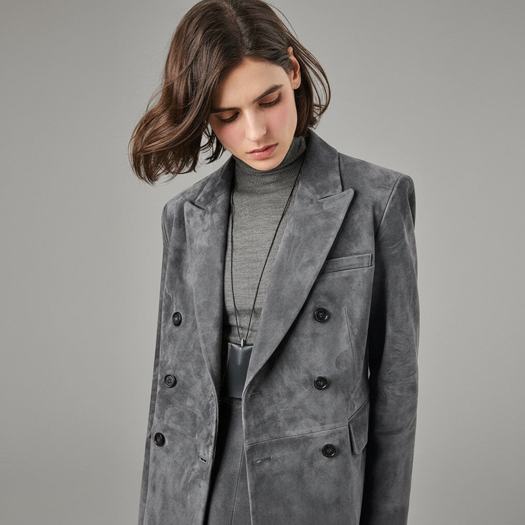 Turkish Suede Sheepskin Blazer & Pencil Skirt - Sculpted Set in Dusted Blue