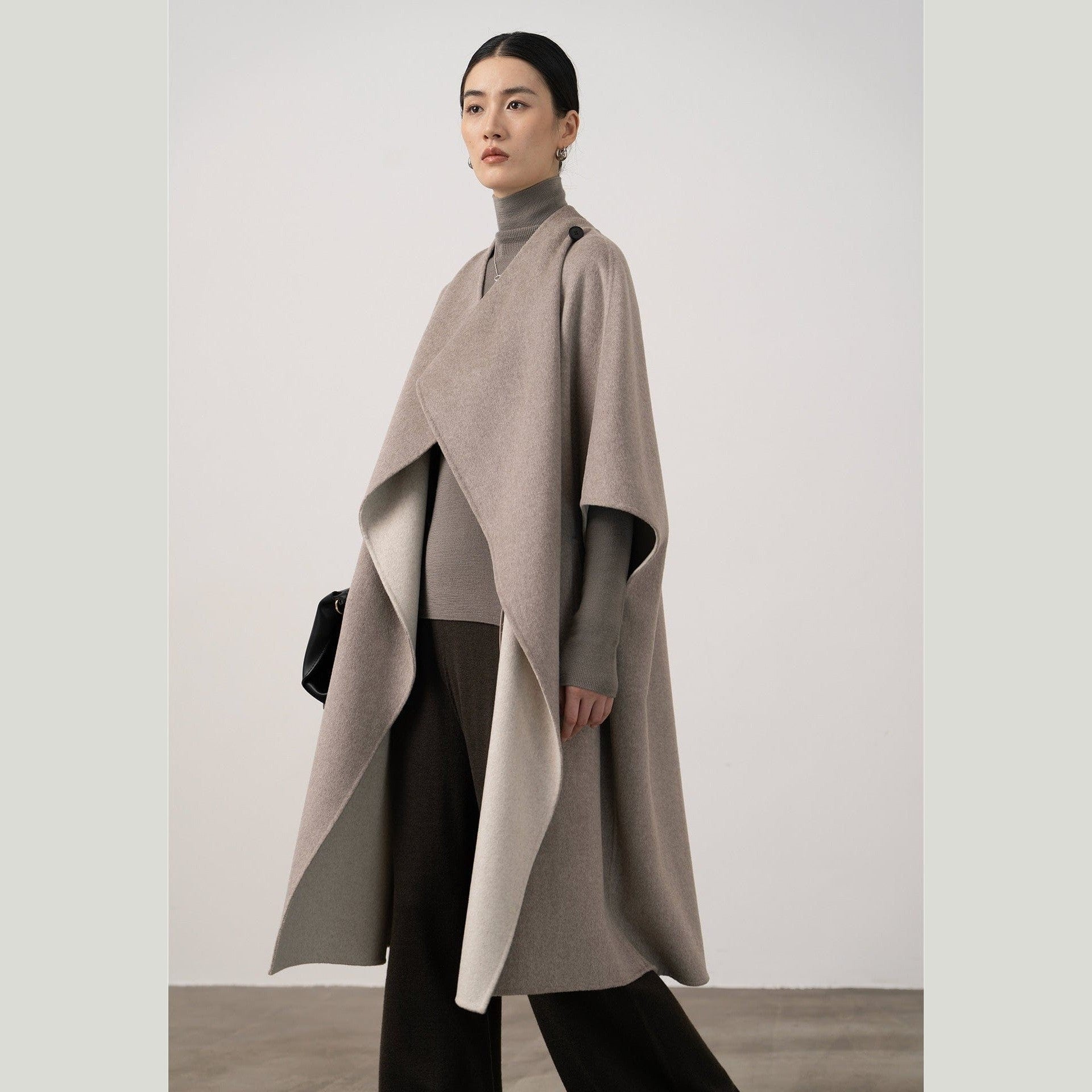 Silk-Wool Velvet Cloak - Double-Sided Drape, Sculptural Warmth