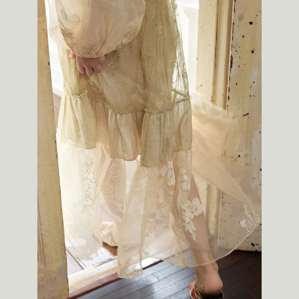 Wonderland Embroidered Crane Dress – Layered Ramie, Silk & Vintage Mesh