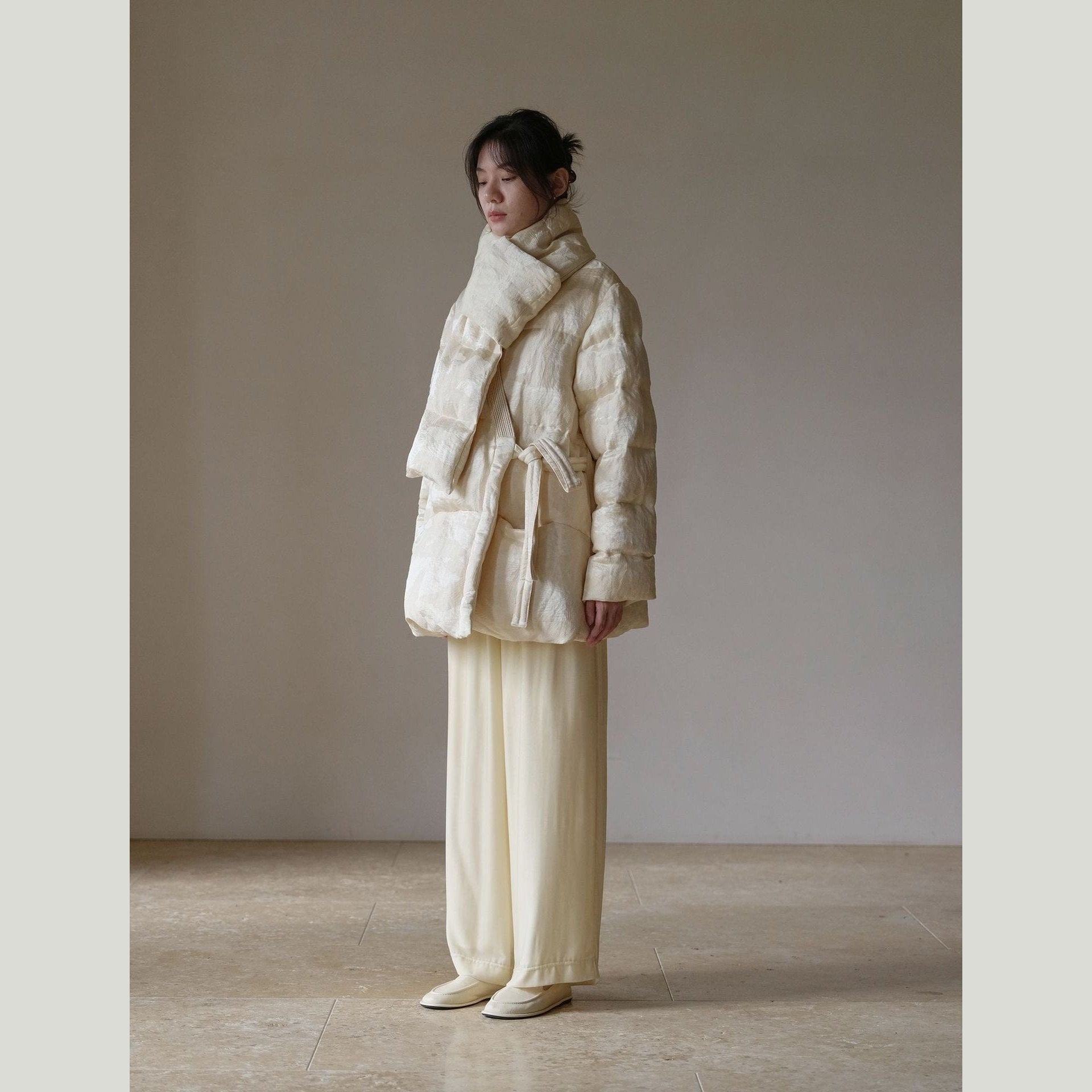 Satin Jacquard Down Jacket & Scarf – Sculptural Warmth, Limited Edition