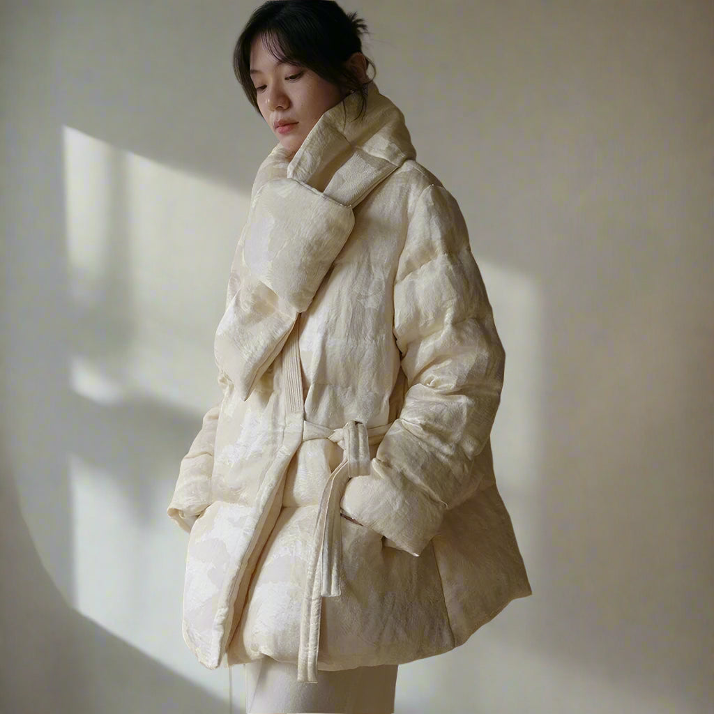 Satin Jacquard Down Jacket & Scarf – Sculptural Warmth, Limited Edition