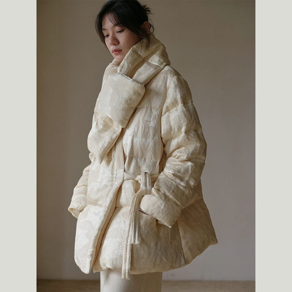 Satin Jacquard Down Jacket & Scarf – Sculptural Warmth, Limited Edition